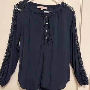Loft Navy Boho Crochet shoulder long sleeve blouse size XS